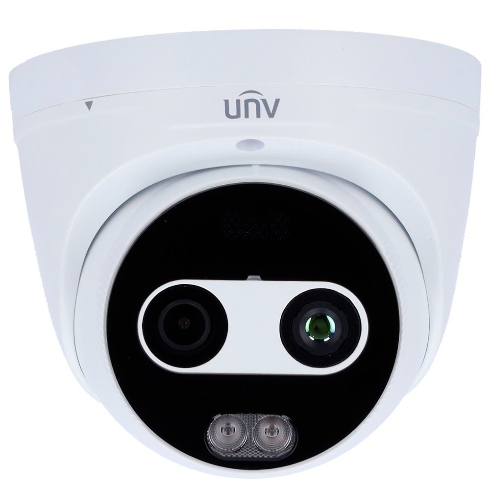 Cámara Térmica Uniview cámara Uniview UV-TIC3612SA-F2-4F3AC-I1 mostrando su doble lente (térmica y óptica), carcasa compacta, resistencia IP67 y tecnología PoE. Diseñada para detección térmica precisa, vigilancia 24/7, grabación en microSD y conexión ONVIF para integración profesional