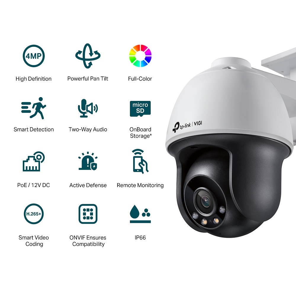 VIGI C540(4mm) | VIGI TP-LINK | Cámara IP PT Full Color | 4 Mpx | Lente fija 4 mm | Smart IR + luz blanca 30 metros | Incorpora micrófono y altavoz 