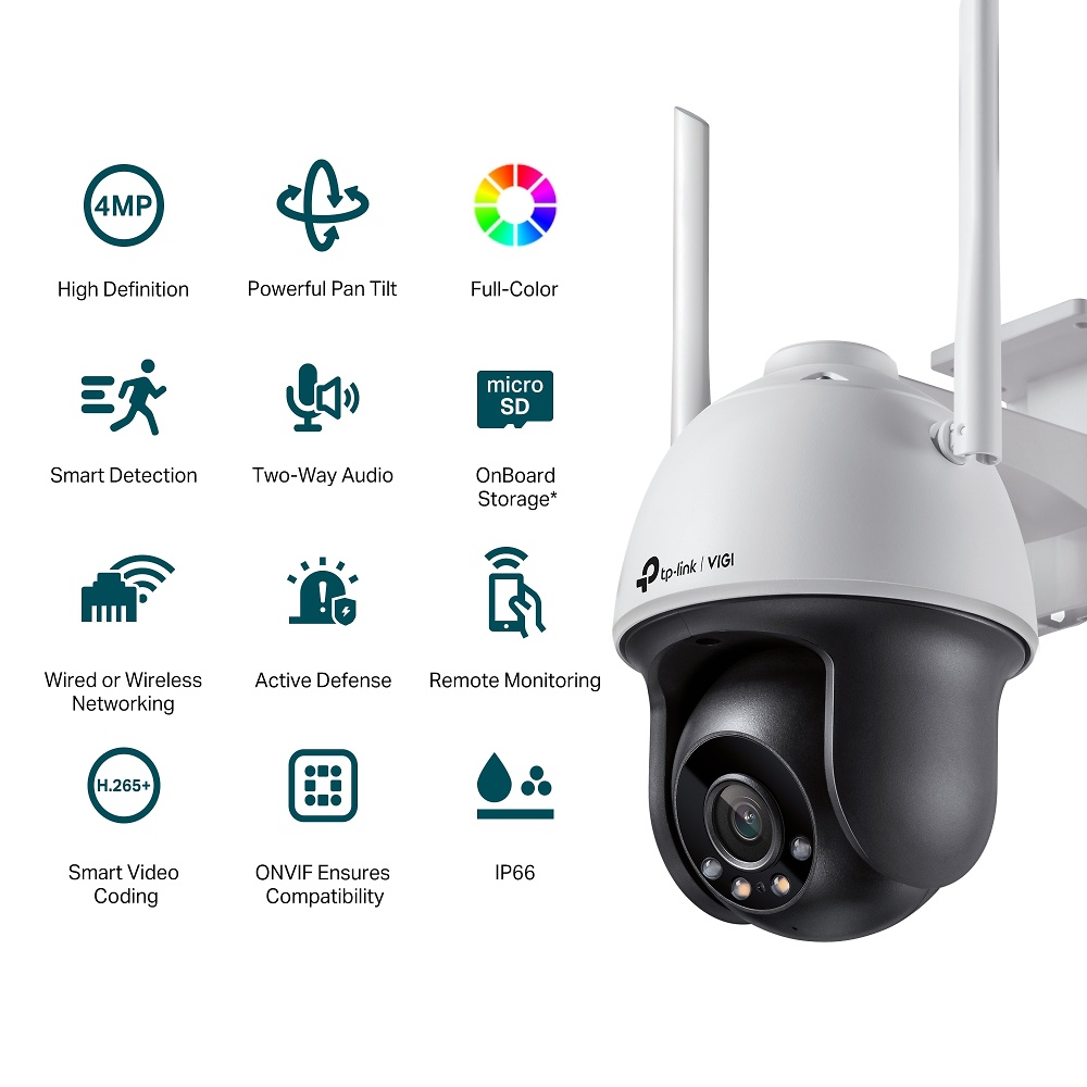 Tp-Link PT 4 Mpx cámara VIGI C540-W(4mm) con su diseño robusto para exteriores, conectividad WiFi y RJ45, ranura microSD, sistema Pan&Tilt de alta velocidad, Full Color, micrófono y altavoz integrados, compatible con Onvif, ideal para vigilancia profesional de áreas amplias