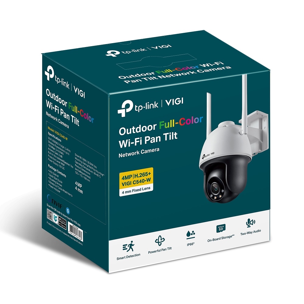 VIGI C540-W(4mm) | VIGI TP-LINK | Cámara IP PT Wifi Full Color | 4 Mpx | Lente fija 4 mm | Smart IR + luz blanca 30 metros | Incorpora micrófono y altavoz 