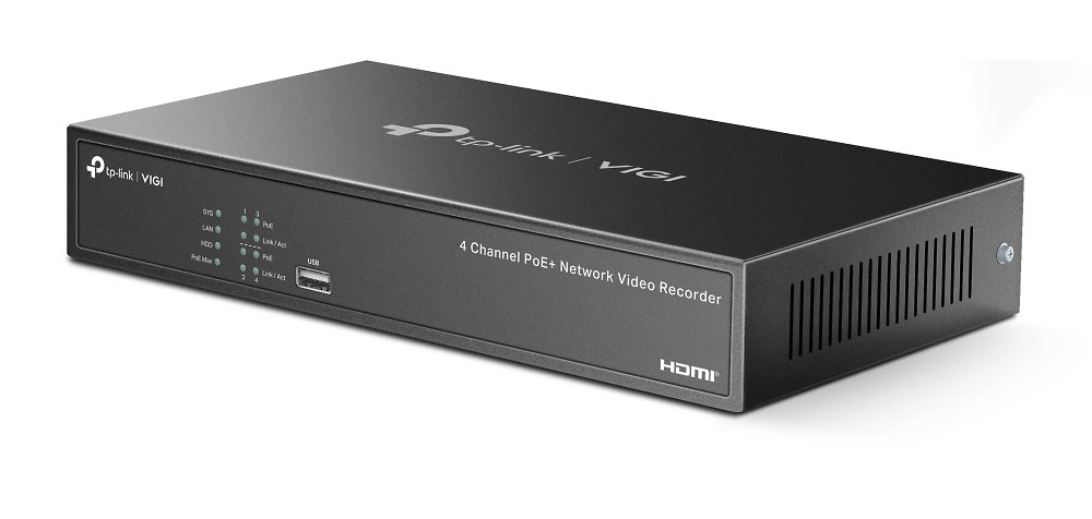 VIGI NVR1004H-4P | VIGI TP-LINK NVR VIGI de 4 canales con HDMI 4K y VGA 1080P. PoE+, H.265+ y capacidad de 10TB para grabación 24/7. Gestión remota y compatibilidad ONVIF