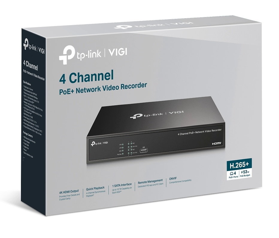 VIGI NVR1004H-4P | VIGI TP-LINK | Grabador NVR de 4 canales con 4 PoE+ | 80/60Mbps de entrada/salida 