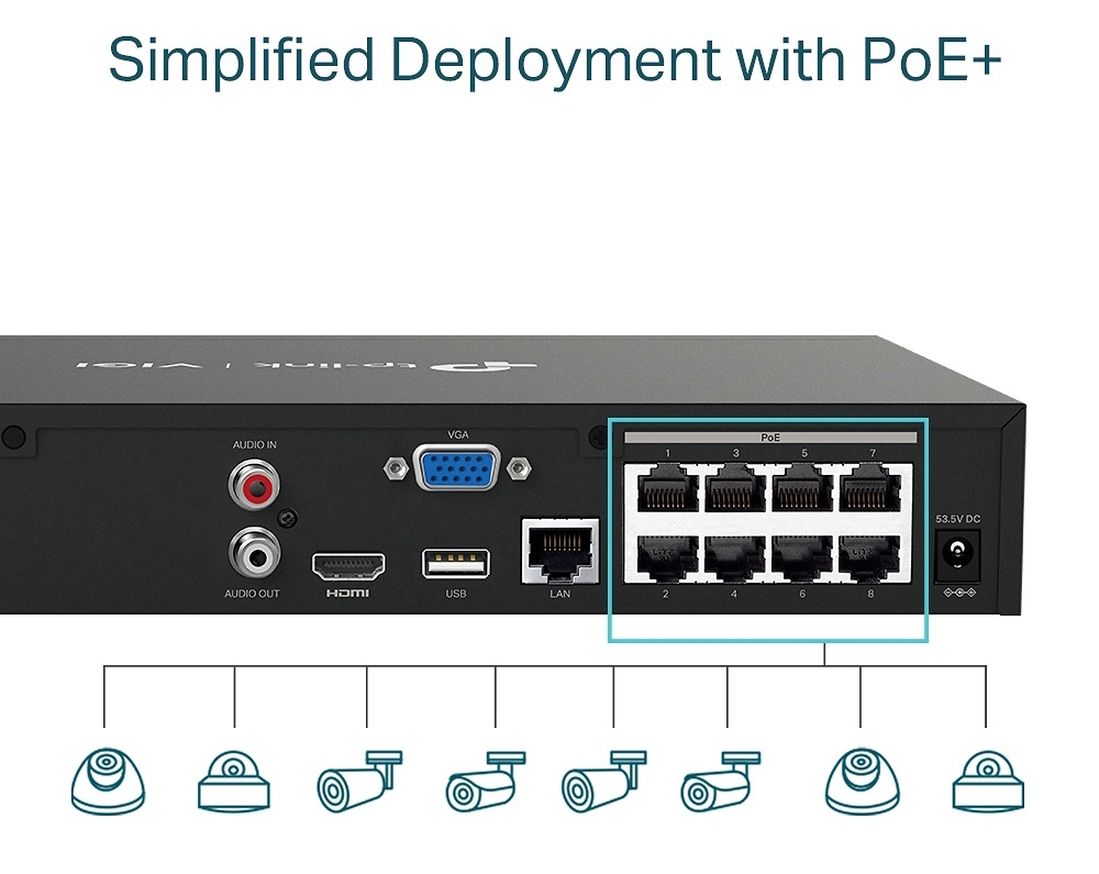 VIGI NVR1008H-8P | VIGI TP-LINK | Grabador NVR de 8 canales con 8 PoE+ | 80/60Mbps de entrada/salida 