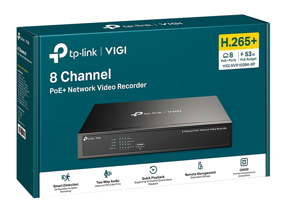 VIGI NVR1008H-8P | VIGI TP-LINK | Grabador NVR de 8 canales con 8 PoE+ | 80/60Mbps de entrada/salida 