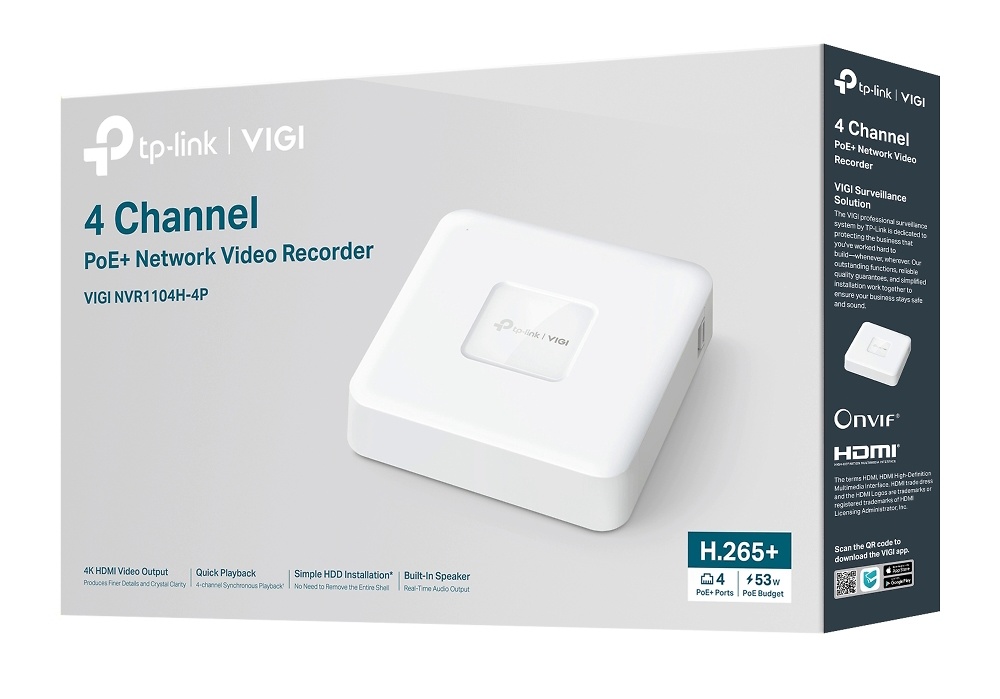 VIGI NVR1104H-4P | VIGI TP-LINK | Grabador NVR de 4 canales con 4 PoE+ | 80/60Mbps de entrada/salida 