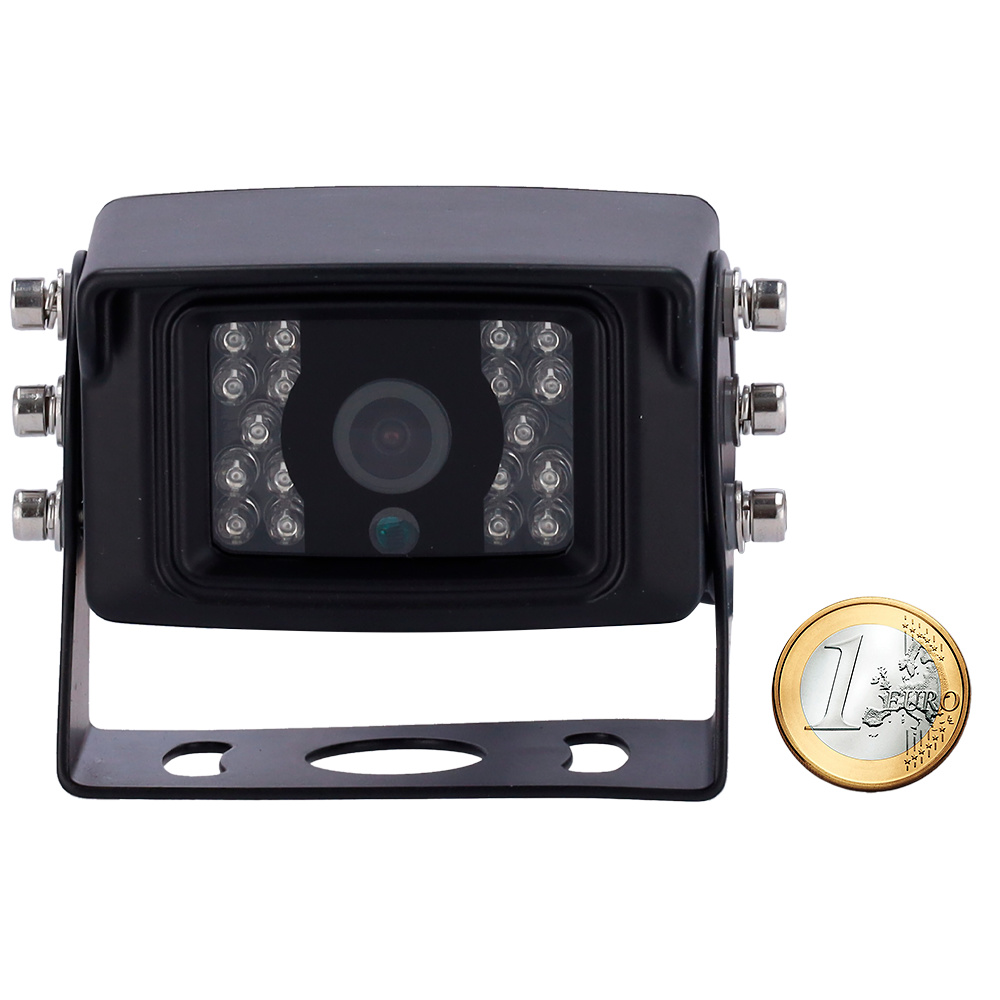Cámara Trasera la cámara VW-372-1080P mostrando su lente fija gran angular y conector M12 de 4 pines. Equipada con sensor Sony IMX323 CMOS y tecnología AHD 1080P, ofrece grabación en alta resolución para vehículos. Perfecta para sistemas de seguridad embarcados compatibles con Streamax y entornos exigentes