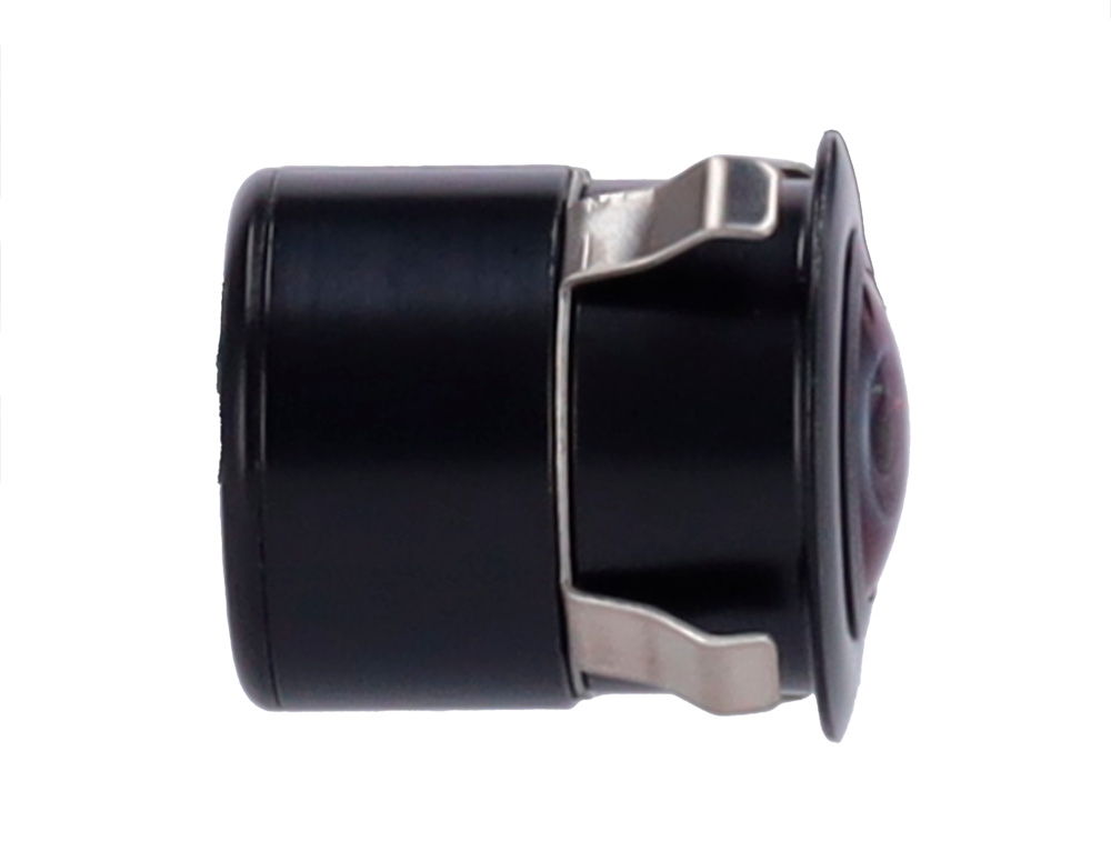 cámara para vehículo cámara empotrable VW-503-1080P, con cuerpo robusto, acabado negro y visión de 140º. Conector M12 de 4 pines para integración rápida, alimentación 12V DC y sensor de alta sensibilidad. Especialmente diseñada para vigilancia de vehículos con discreción total
