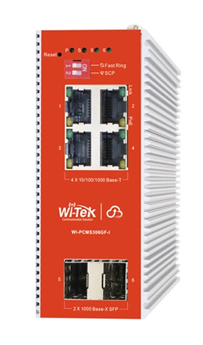 WI-PCMS306GF-I-V2-WI-TEK-chasis Detalle del chasis metálico compacto del switch gestionado WI-PCMS306GF-I V2, diseñado para carril DIN o sobremesa