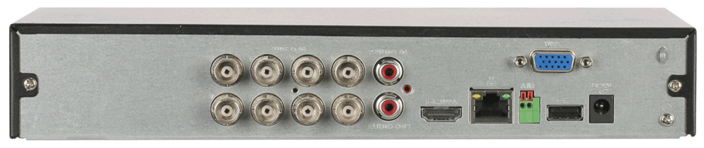 xvr5108hs-conexiones Detalle posterior del XVR5108HS-4KL-I3 con conexiones HDMI, VGA, RS485, audio RCA, red RJ45 Gigabit y USB, destacando su alta conectividad para sistemas híbridos avanzados