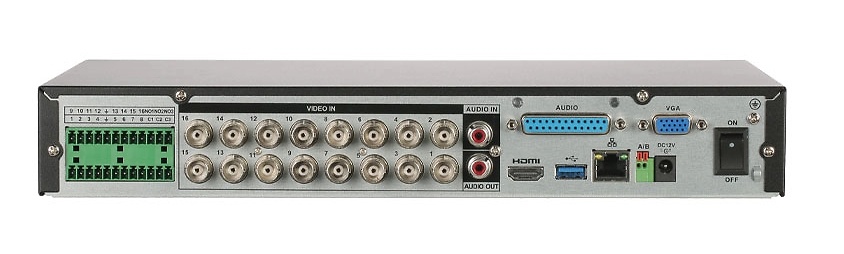 XVR5116HE-4KL-I3-DAHUA-grabador-conexiones Vista trasera del XVR5116HE‑4KL‑I3 mostrando conexiones BNC, Ethernet, USB, RS‑485 y puertos de alarma