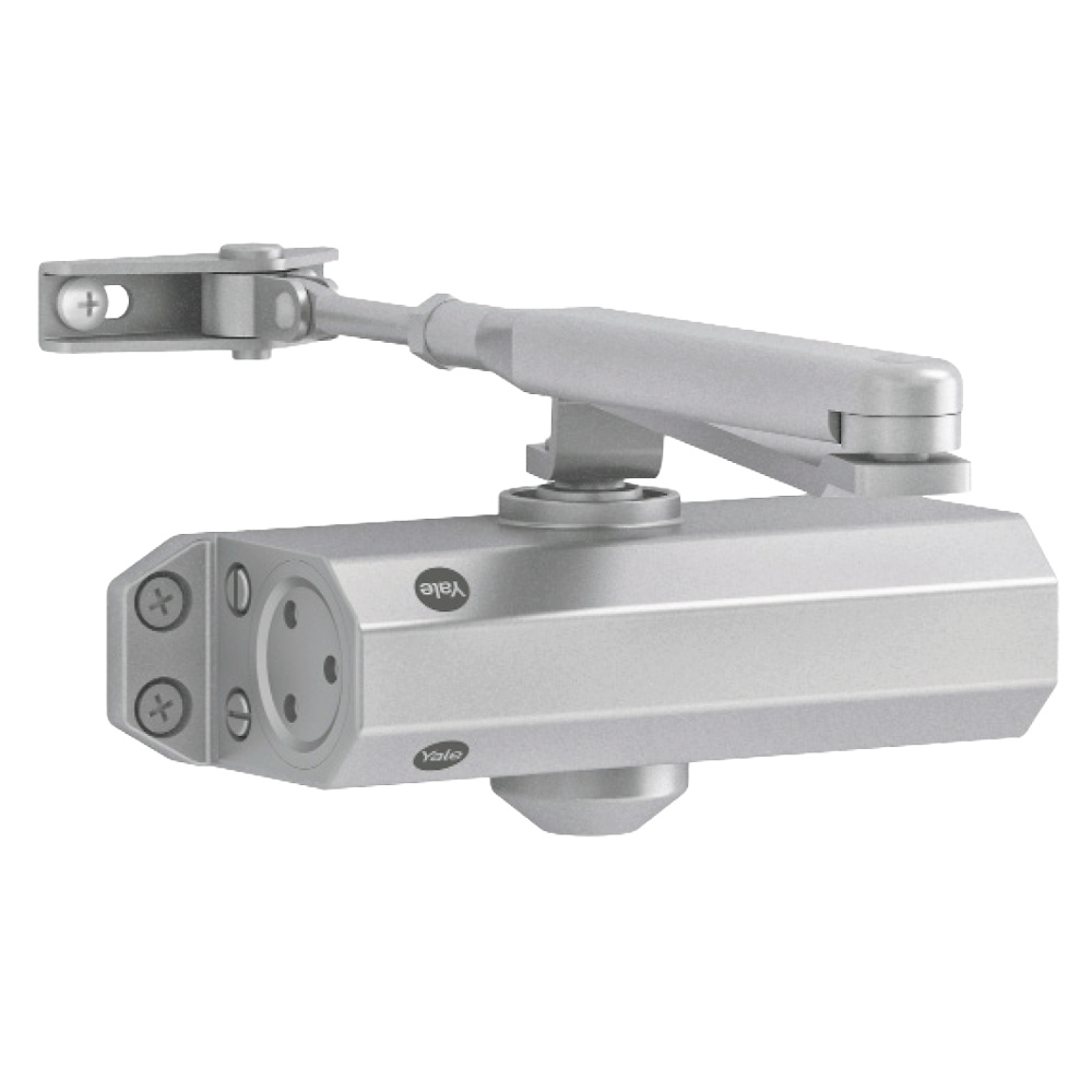 YALE-DOORCLOSER-4500-ST Vista frontal del cierrapuertas Yale YALE-DOORCLOSER-4500-ST, con brazo articulado y acabado plata, ideal para puertas pesadas con alta frecuencia de uso y necesidades de cierre automático fiable