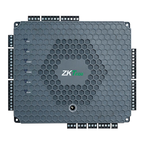 zk-atlas-260-conexiones Detalle de las conexiones traseras de la ZK-ATLAS-260 mostrando puertos para lectores, relés, sensores y alimentación. Ideal para instaladores que requieren una configuración flexible y robusta