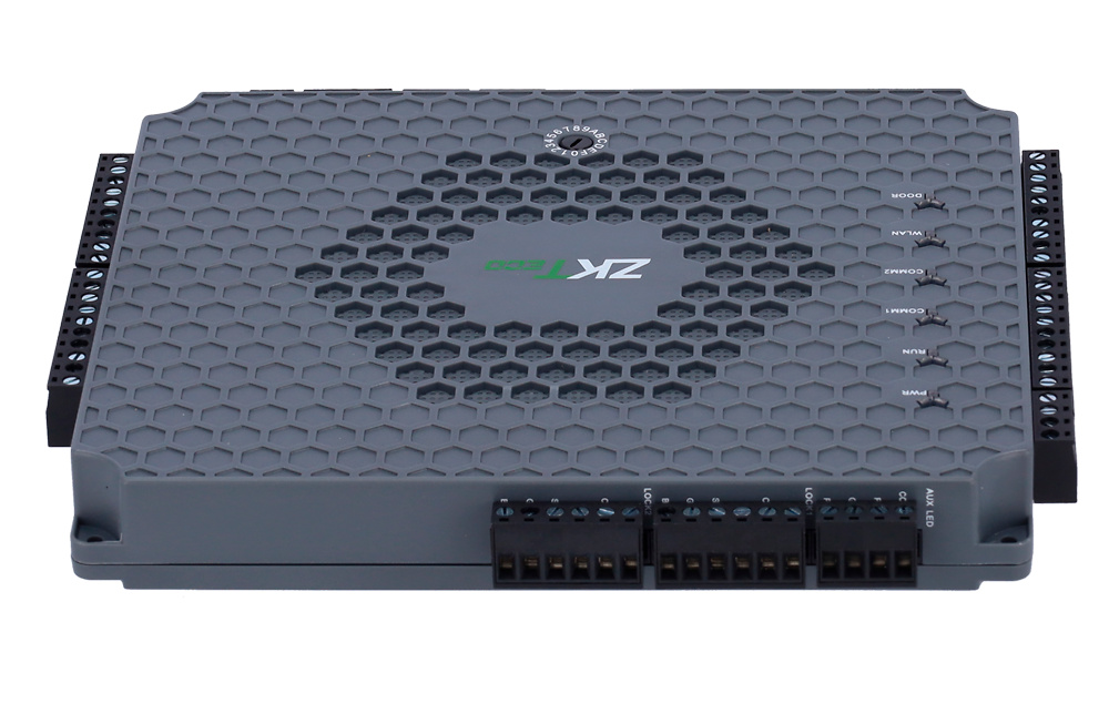 ZK-ATLAS-260-W-ZKTeco-contoladora-accesos-conexiones Vista conexiones de la controladora ZKTeco Atlas‑260‑W mostrando entradas y salidas para control de cerraduras, sensores y pulsadores