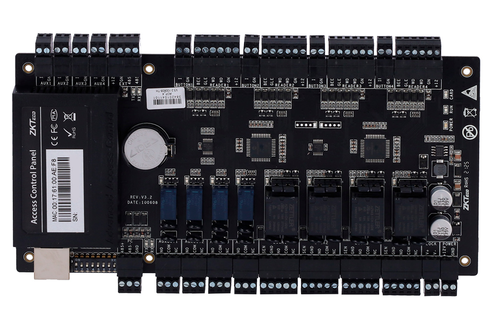 zk-c3-400pro-frontal Imagen de la controladora ZKTeco ZK-C3-400PRO para acceso profesional de hasta 4 puertas con múltiples entradas y salidas