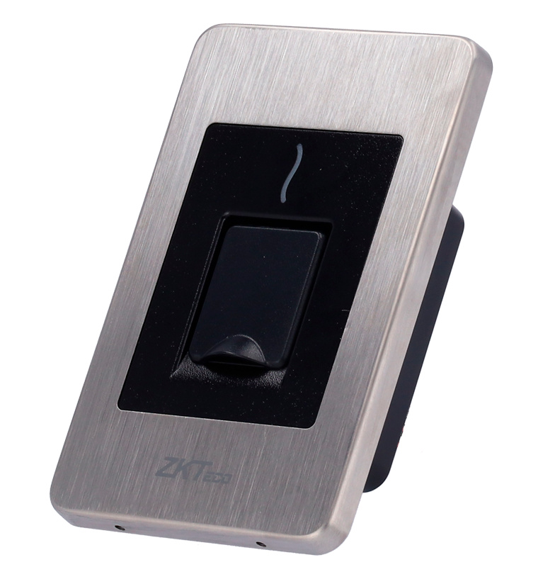ZK-FR1500A-WP-EM-lector-empotrar Vista frontal del lector biométrico ZK‑FR1500A‑WP‑EM mostrando sus indicadores LED tricolor y cuerpo metálico empotrable.