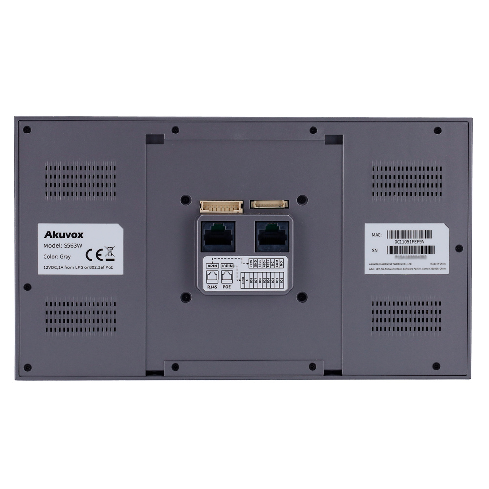 akuvox-ak-s563w-conexiones Detalle técnico del Akuvox AK-S563W con conectividad por Ethernet, WiFi y Bluetooth, mostrando versatilidad en redes IP y funciones SIP avanzadas
