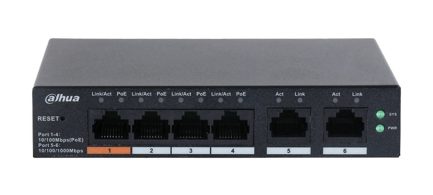 DH-CS4006-4ET-60 | DAHUA - Swicht PoE Gestionable Layer2 en la nube | 4 puertos PoE RJ45 10/100 Mbps + 2 puertos Uplink 1000 Mbps 