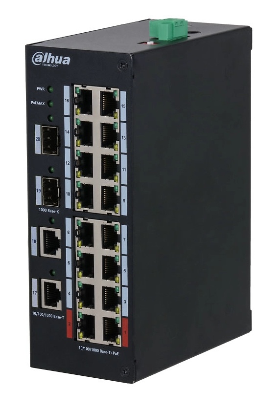 DH-HS3220-16GT-190   |  DAHUA  -  Switch PoE industrial de 16 puertos Gigabit  |  2 Ptos Up-Link Gigabit  |  2 puertos SFP Gigabit  |  190W