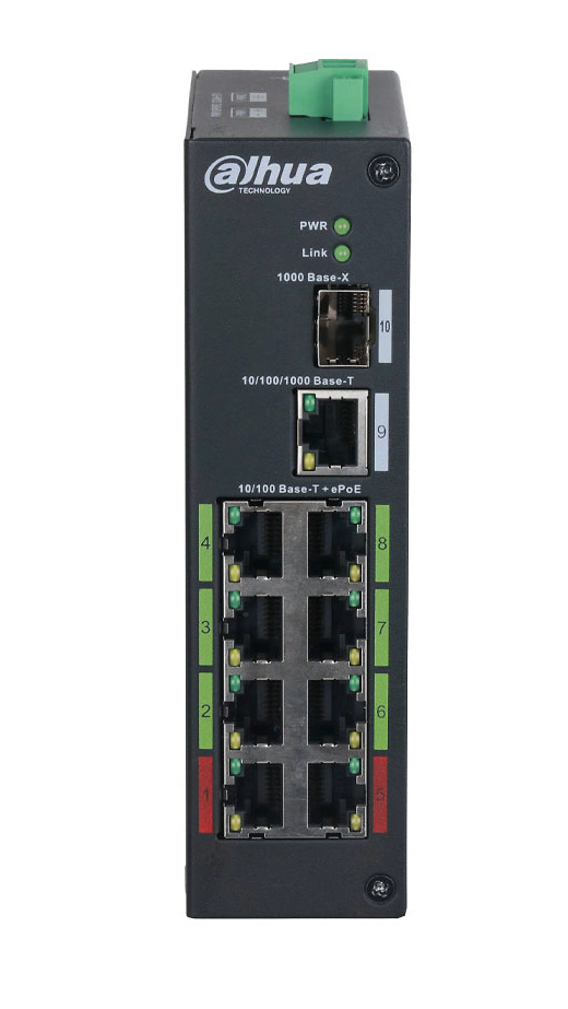 DH-LR2110-8ET-120-V2 | DAHUA - Switch L2 | 8 ePoE - 10/100Mbps | 1 puerto RJ45 Uplink Gigabit | de 8 puertos ePoE | 100Mbps + 2 puertos combo Gigabit | 1 puerto SFP Gigabit | 120W 