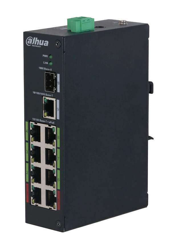 DH-LR2110-8ET-120-V2  |  DAHUA  -  Switch  L2   |  8  ePoE  -  10/100Mbps  |  1 puerto RJ45 Uplink Gigabit  |        de 8 puertos ePoE  |  100Mbps + 2 puertos combo Gigabit  |  1 puerto SFP Gigabit  |  120W