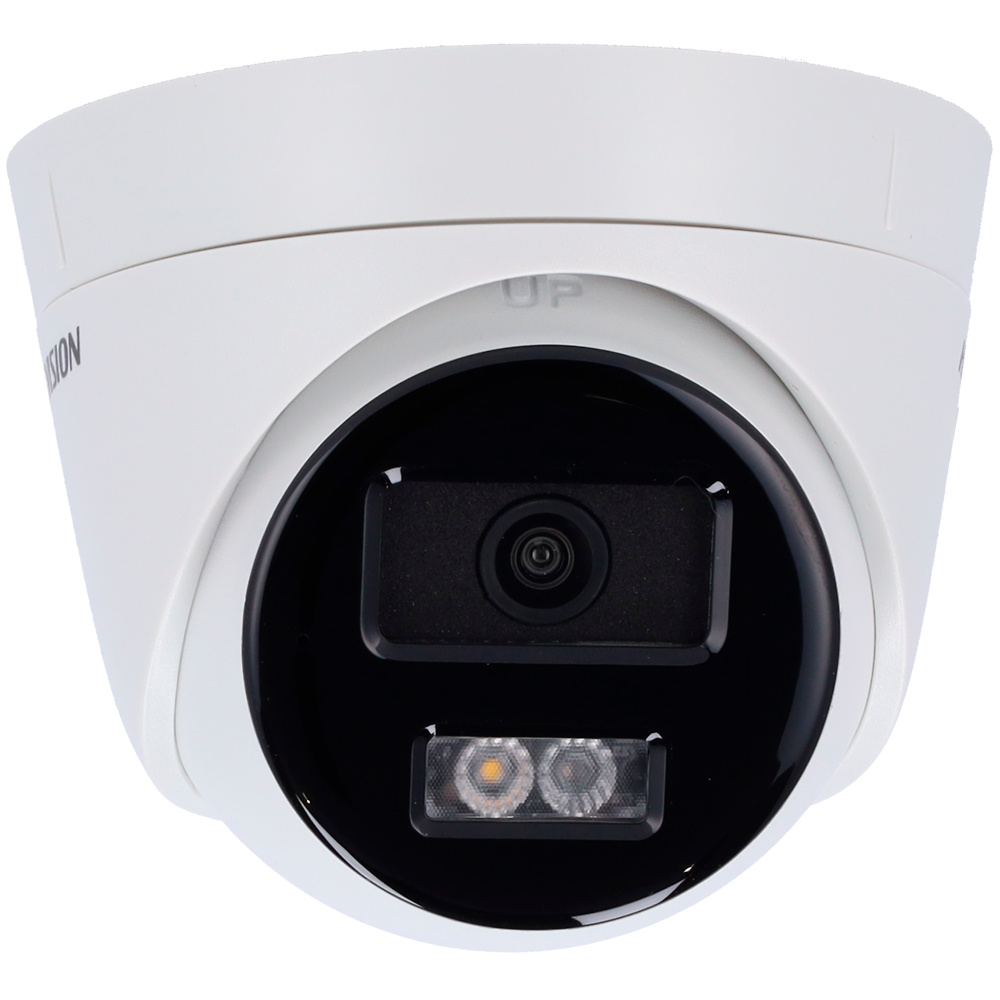 camara-turret-hikvision-value-4mpx-vista-frontal Vista frontal de la cámara Turret IP de Hikvision con lente fija de 2.8 mm, diseño compacto y discreto. Sensor de 4Mpx y luz híbrida para visión nocturna avanzada en exteriores con protección IP67