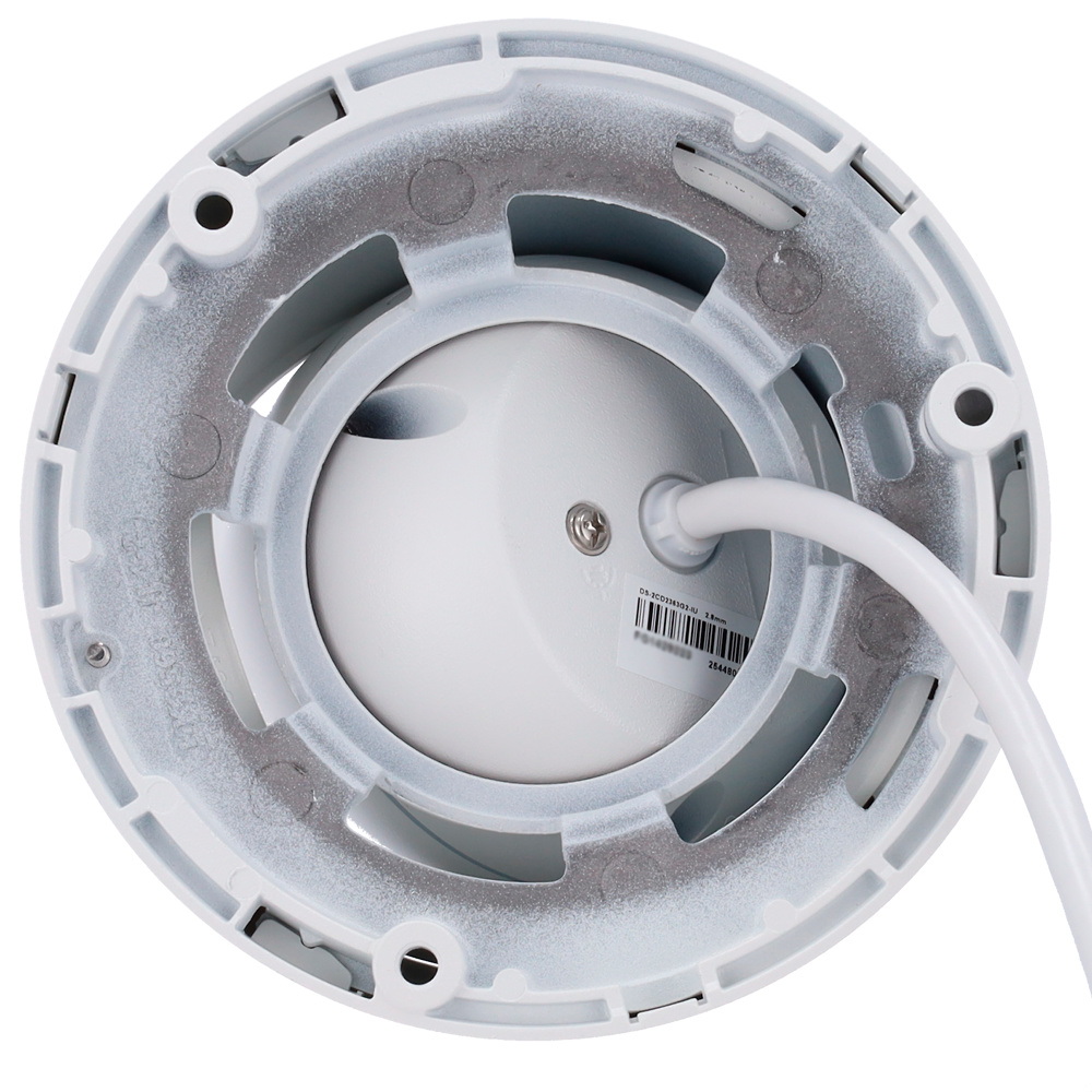 hikvision-ds-2cd2363g2-iu-montaje Detalle del montaje e instalación de la cámara IP Hikvision DS-2CD2363G2-IU. Dimensiones Ø127.3 mm, ajuste 3AXIS y conexión PoE para una integración rápida y segura