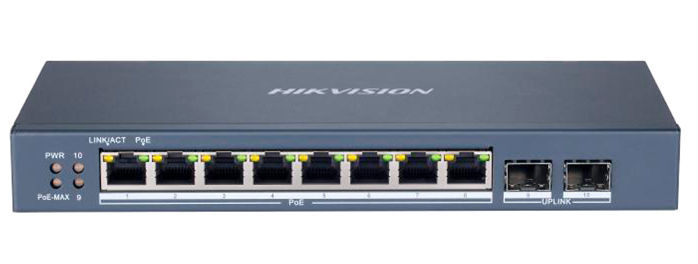 ds-3e1510p-si-frontal Vista frontal del switch Hikvision DS-3E1510P-SI con sus 8 puertos PoE Gigabit y 2 SFP. Ideal para alimentar cámaras IP y dispositivos de red con máxima estabilidad y rendimiento, optimizado para videovigilancia profesional