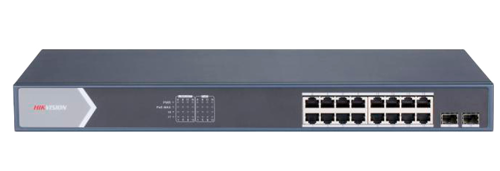 ds-3e1518p-si-frontal Imagen frontal del switch Hikvision DS-3E1518P-SI mostrando sus 16 puertos RJ45 PoE y los 2 SFP Gigabit. Diseñado para entornos profesionales, ofrece conectividad fiable, alimentación PoE extendida y funciones de red avanzadas