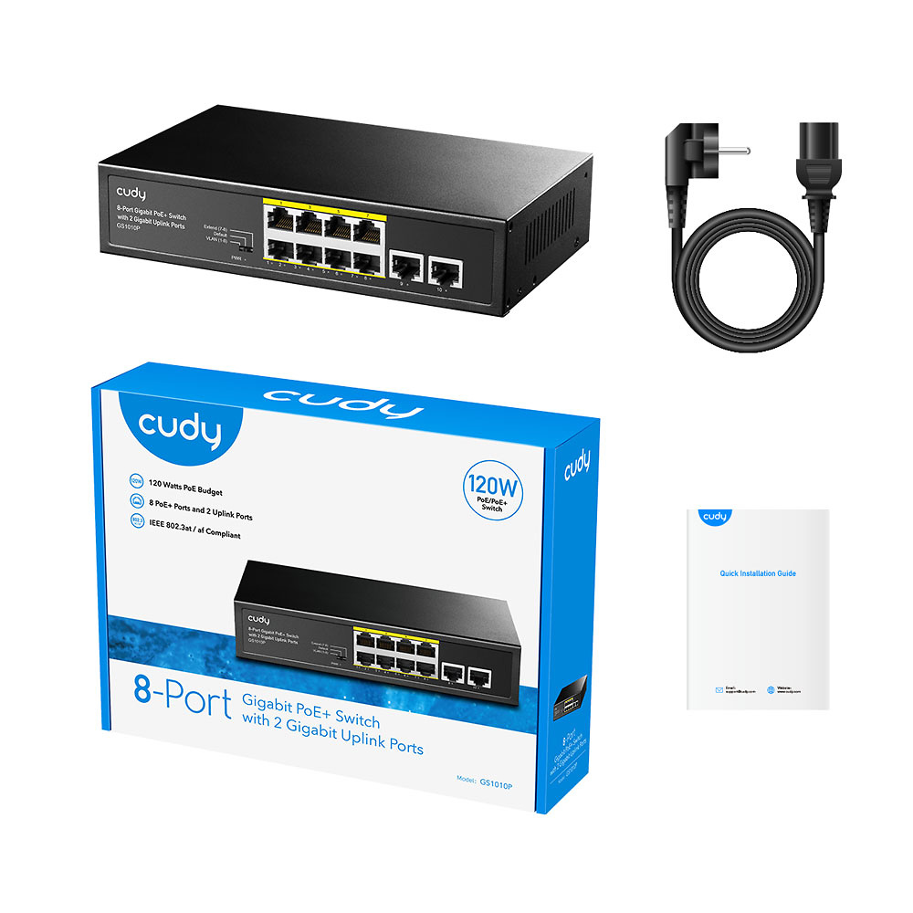 GS1010P | CUDY - Switch de 8 puertos PoE+ Gigabit + 2 puertos Uplink RJ45 Gigabit 