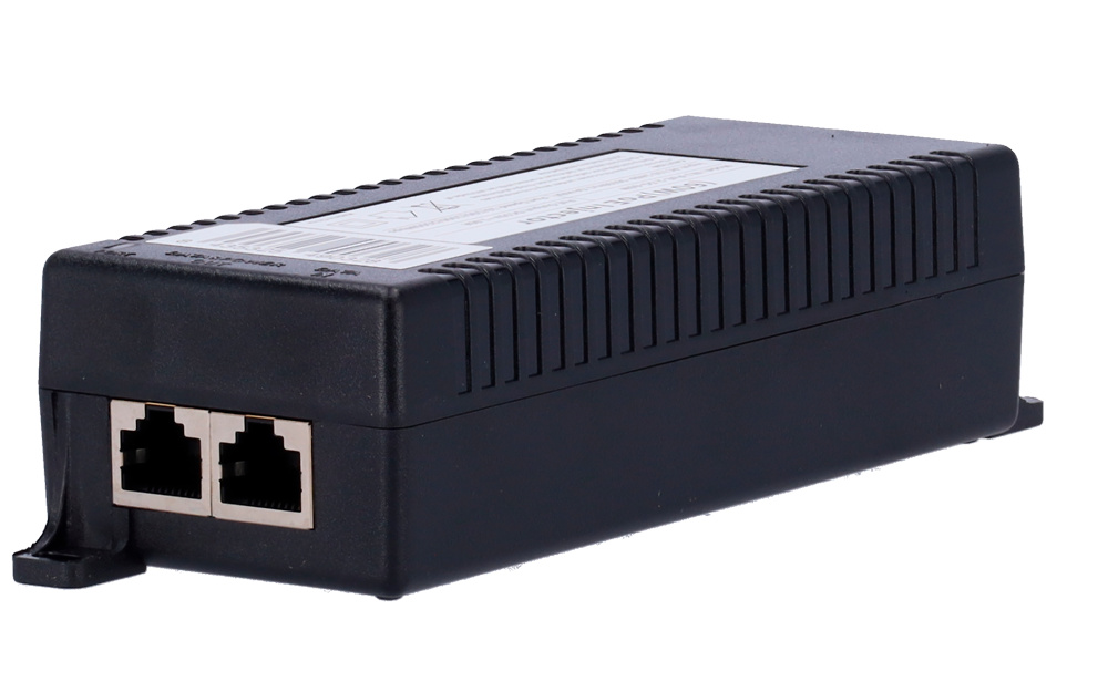 inj-poe-2.5g-60w-frontal Vista frontal del inyector PoE HiPoE de alto rendimiento, diseñado para alimentar cámaras IP y dispositivos PoE++. Su diseño compacto y conectividad 2.5Gbps lo hacen ideal para entornos profesionales