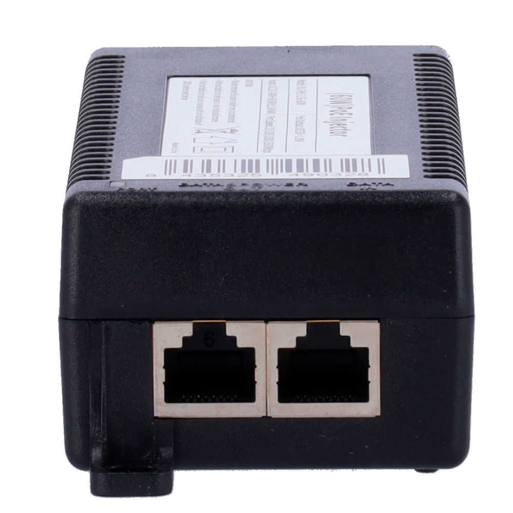 inj-poe-2.5g-60w-conexion Detalle de las conexiones RJ45 del inyector con entrada y salida de red compatibles hasta 2.5Gbps. Solución versátil para videovigilancia y redes IP con alta exigencia de potencia