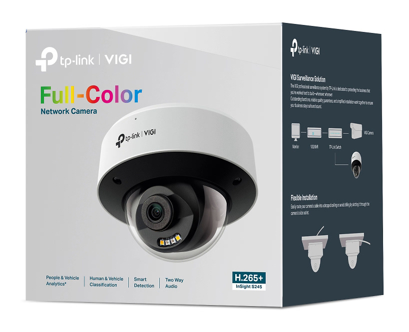 InSight S245(4mm) | VIGI TP-LINK | Cámara IP TP-Link | 4 Mpx | Lente fija 4 mm | Leds IR 30 metros | Disuasión activa con luz blanca y aviso sonoro 