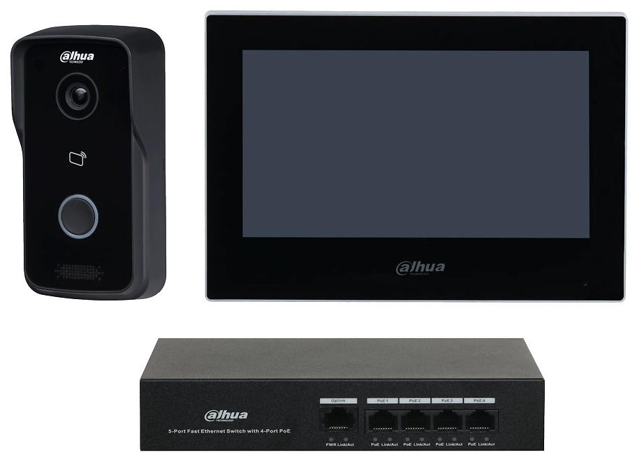 KTP03  |  DAHUA  -  Kit de Videoportero IP  (Monitor + Placa exterior + Switch  PoE)  |  Montaje en Superficie