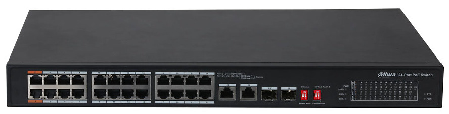 PFS3226-24ET-240 | DAHUA - Switch Fast Ethernet 24 PoE 240W + 2 UPLINK + 2 SFP Combo 