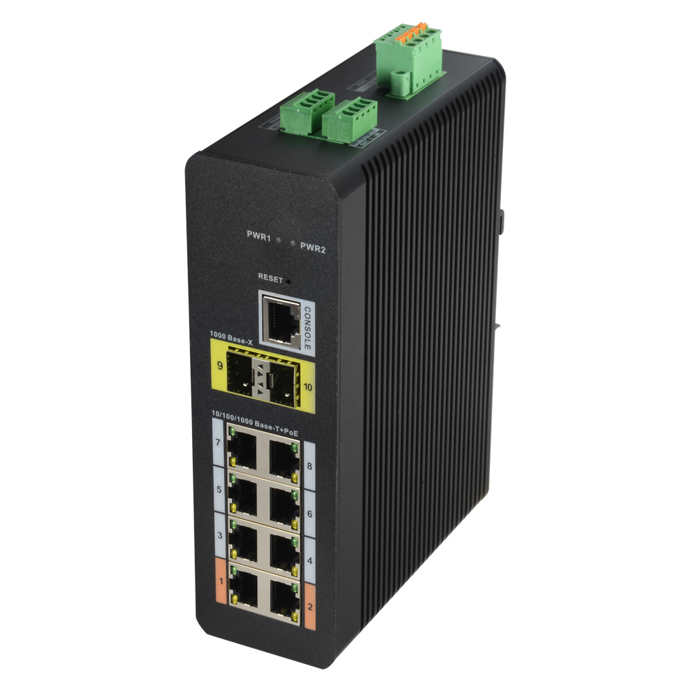 PFS4210-8GT-DP-V2 | DAHUA | 8 puertos PoE RJ45 + 2 puertos SFP de fibra | 10/100/1000 Mbps | Gestionable 