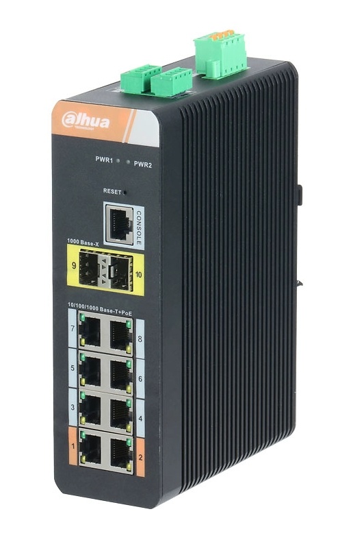 PFS4210-8GT-DP-V2  |  DAHUA |  8 puertos PoE RJ45 + 2 puertos SFP de fibra  |  10/100/1000 Mbps  |  Gestionable