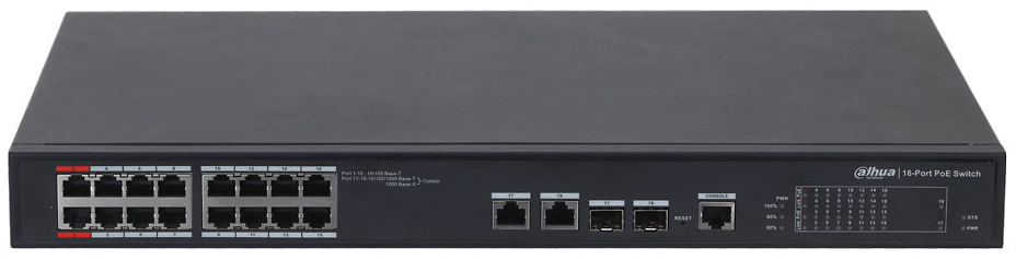 PFS4218-16ET-240  |  DAHUA  -  Switch Dahua Gestionable (L2) de 16 puertos PoE 100Mbps + 2 puertos combo Gigabit  |  Puertos PoE 1 y 2 admiten 90W  |  240W