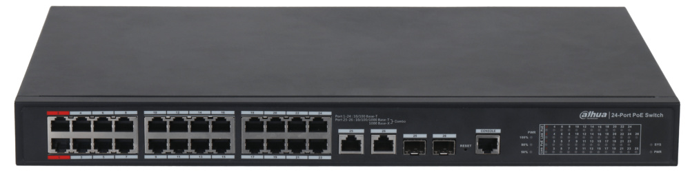 PFS4226-24ET-240-V3  |  DAHUA  -  Switch  Gestionable (L2) de 24 puertos PoE 100Mbps + 2 puertos combo Gigabit  |  240W