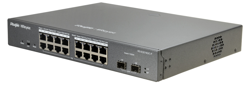 RG-ES218GC-P | RUIJIE | Switch PoE Cloud Capa 2 | 16 puertos PoE 802.3af/at + 2 SFP | 16 RJ45 10/100/1000Mbps + 2 SFP 