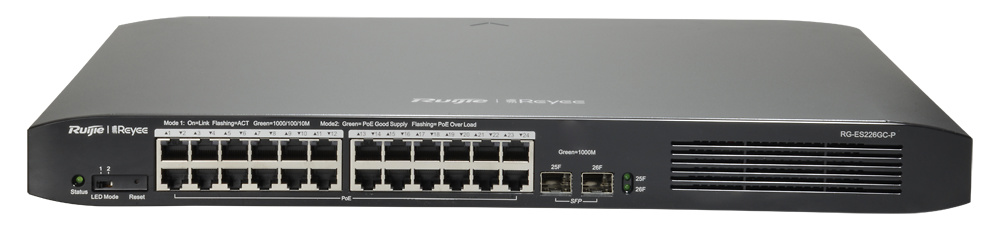 RG-ES226GC-P  |  RUIJIE  |  Switch PoE Gestionable  |  24 puertos RJ45 10/100/1000 Mbps + 2 Puertos Gigabit SFP  |  370W