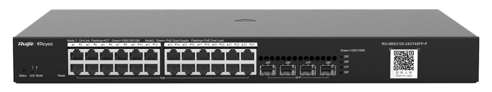 RG-NBS3100-24GT4SFP  |  RUIJIE  |  Switch Gestionable  |  24 puertos RJ45 10/100/1000 Mbps + 4 Puertos SFP 10/100/1000 Mbps