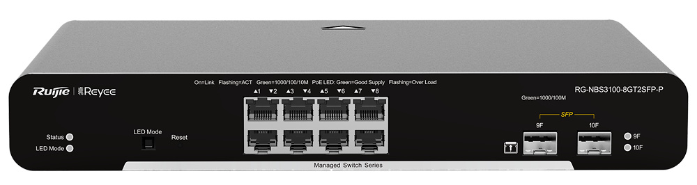 RG-NBS3100-8GT2SFP-P | RUIJIE | Switch PoE Cloud Capa 2 | 8 puertos PoE+ Gigabit+ 2 SFP Gigabit 