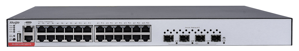 RG-S5310-24GT4XS-P-E  |  RUIJIE  |  Switch PoE Gestionable  |  24 puertos RJ45 Gigabit + 4 puertos SFP+ 10Gigabit  |  370W  | 740W