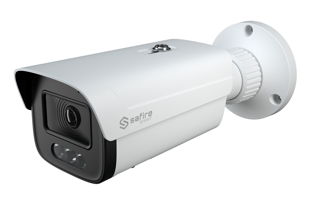 SF-IPB386A-4E1-NIGHT | SAFIRE SMART cámara IP Bullet Safire Smart SF-IPB386A-4E1-NIGHT con diseño metálico resistente, equipada con lente de 3.6 mm y tecnología NightColor X que permite visión a todo color 24/7. Incluye micrófono, PoE y protección IP67, ideal para exteriores exigentes con supervisión avanzada