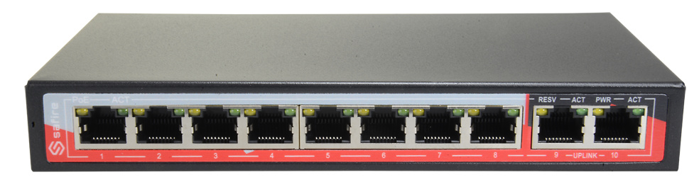 SF-SW1008POE-96 SF-SW1008POE-96 switch de 8 puertos PoE de la marca SAFIRE. Es un switch no gestionable, para la instalación de cámaras IP que se alimentan por PoE