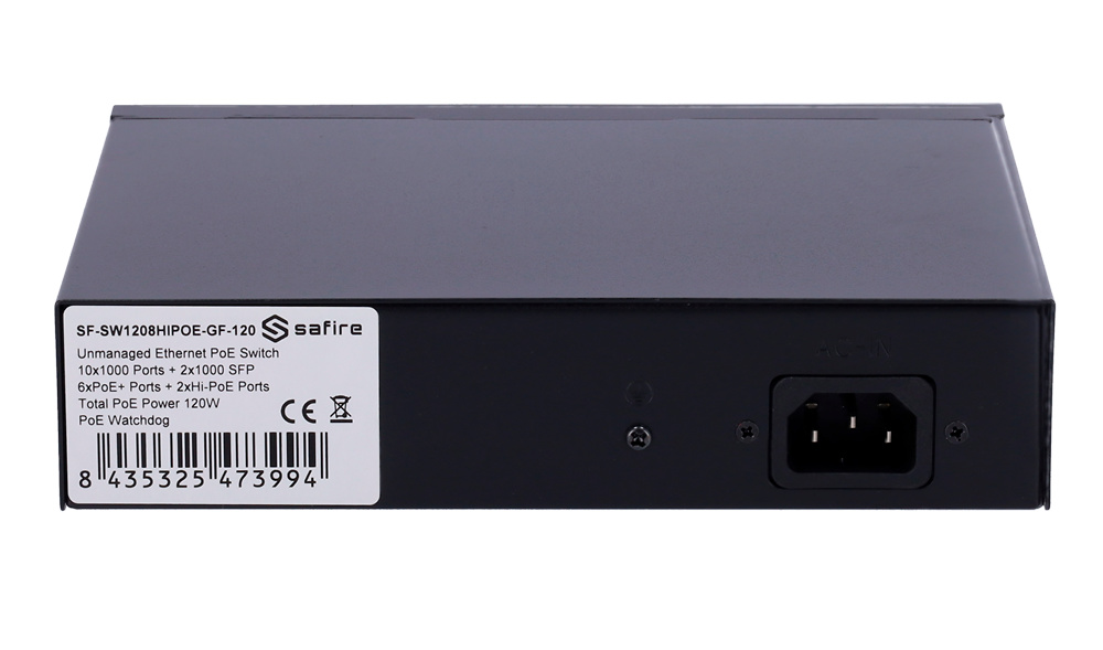 SF-SW1208HIPOE-GF-120 | SAFIRE - Switch Hi-PoE | 8 puertos PoE + 2 SFP + 2 RJ45 | No Gestionable | 120W 