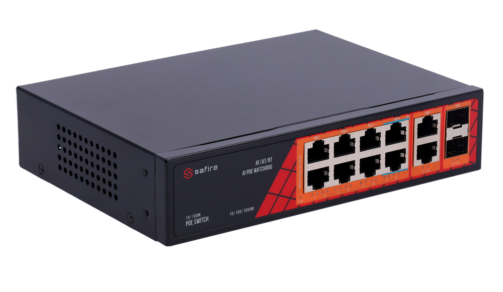 SF-SW1208HIPOE-GF-120 | SAFIRE - Switch Hi-PoE | 8 puertos PoE + 2 SFP + 2 RJ45 | No Gestionable | 120W 