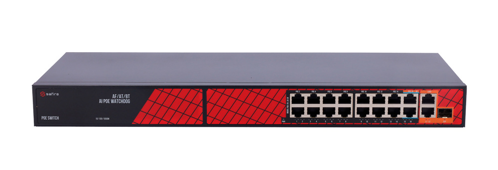 SF-SW1916HIPOE-HF-300 | SAFIRE - Switch Hi-PoE | 16 Puertos PoE + 2 Uplink RJ45 + 2 Uplink SFP | No Gestionable 