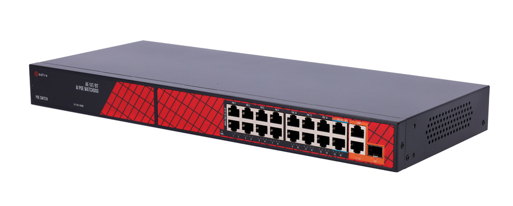 SF-SW1916HIPOE-HF-300 | SAFIRE - Switch Hi-PoE | 16 Puertos PoE + 2 Uplink RJ45 + 2 Uplink SFP | No Gestionable 