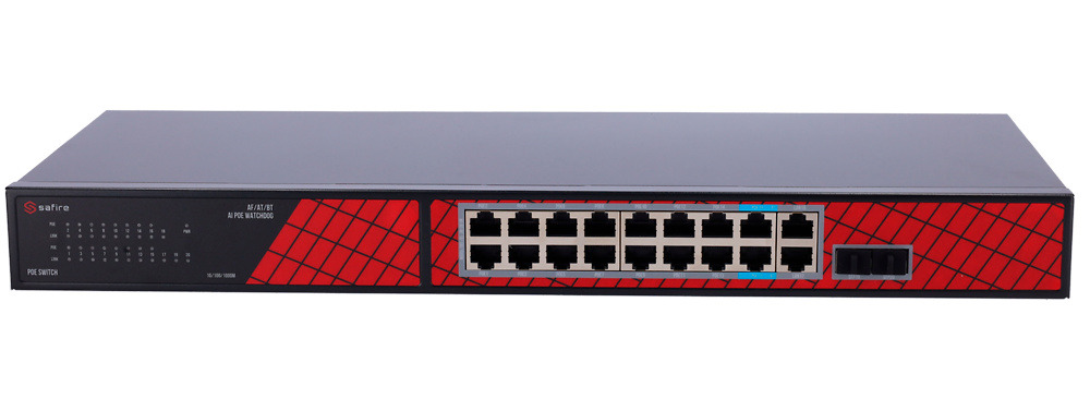 SF-SW2016HIPOE-GF-240 | SAFIRE - Switch Hi-PoE | 16 puertos + 2 SFP Uplink + 2 Uplink RJ45 | 240W Potencia PoE total | No Gestionable 